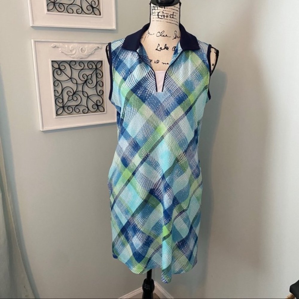 Blue, green, and white golf or tennis dress